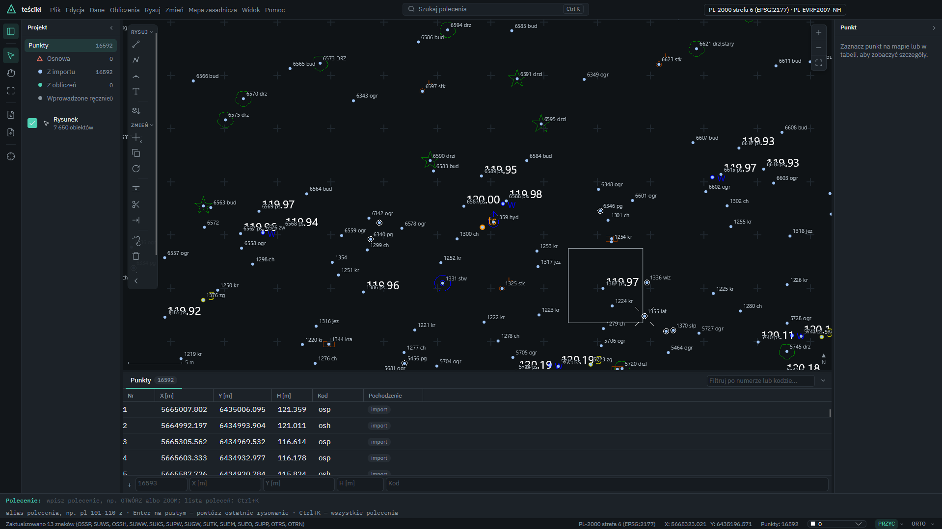 The GeoSurvey window: a map with points and labels, a coordinate table, the project tree and the command line.