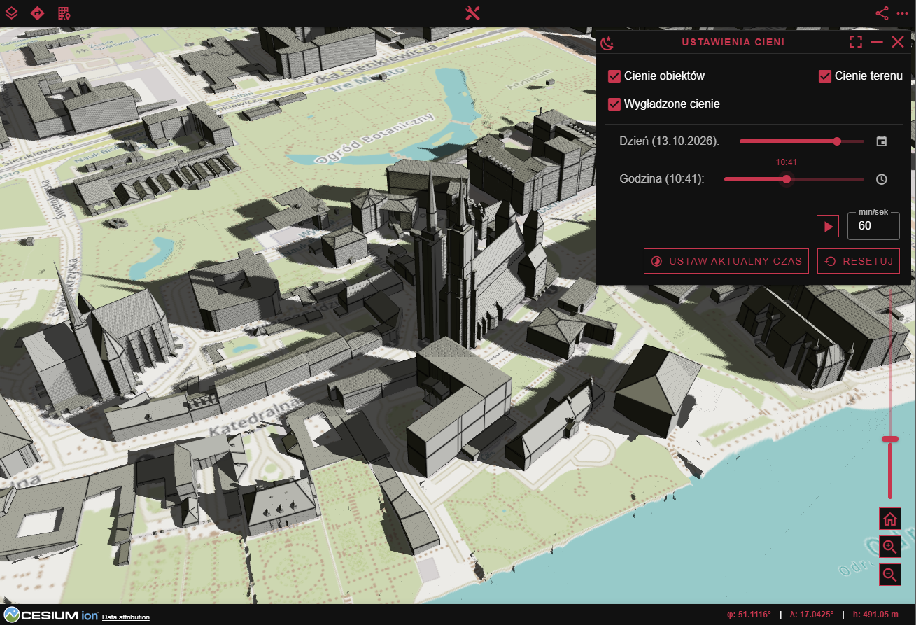 A 3D view of the cathedral and the Ostrów Tumski area with building shadows, and the shadow settings window.