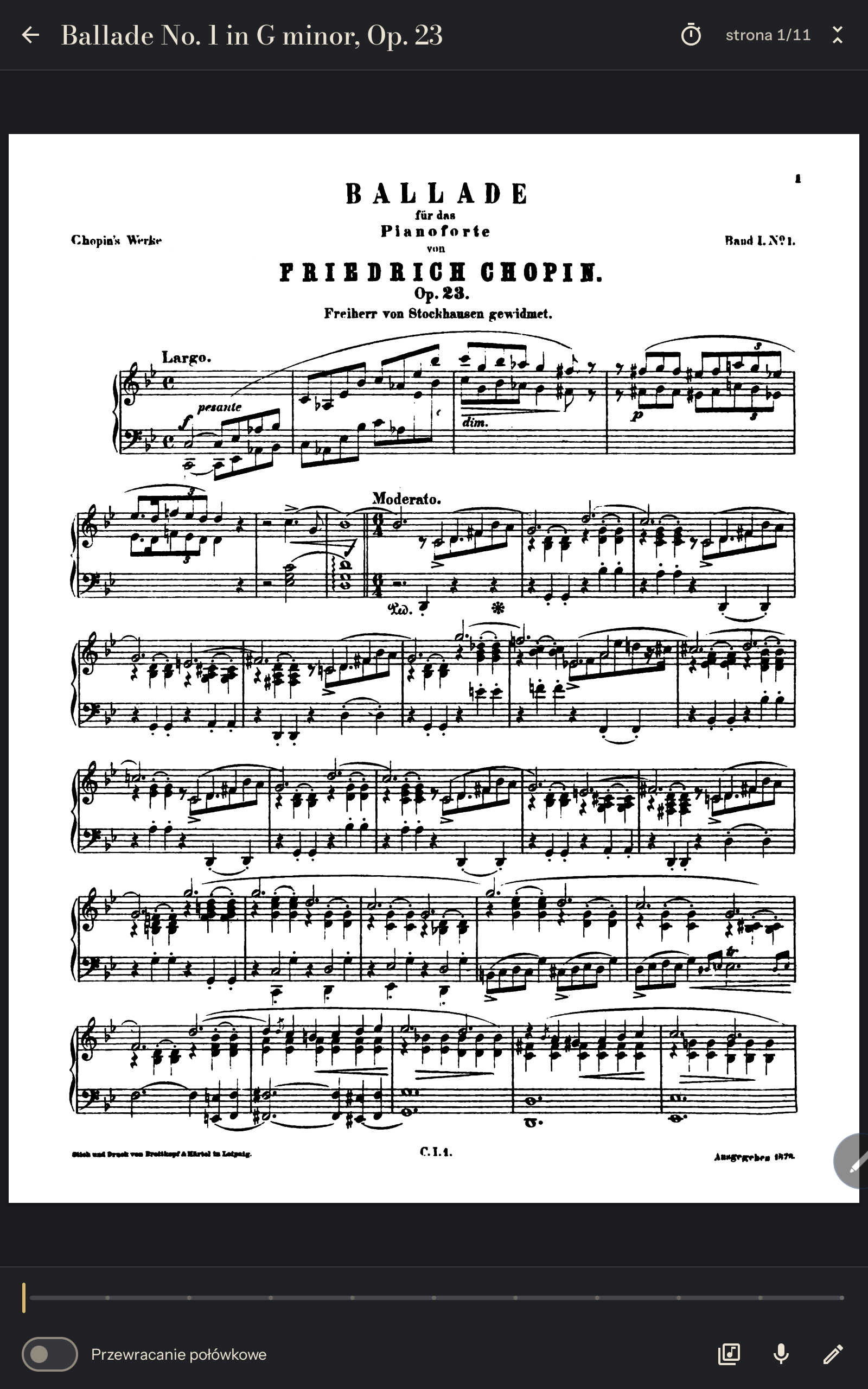 The Sheetly reader showing the first page of Chopin’s Ballade in G minor.