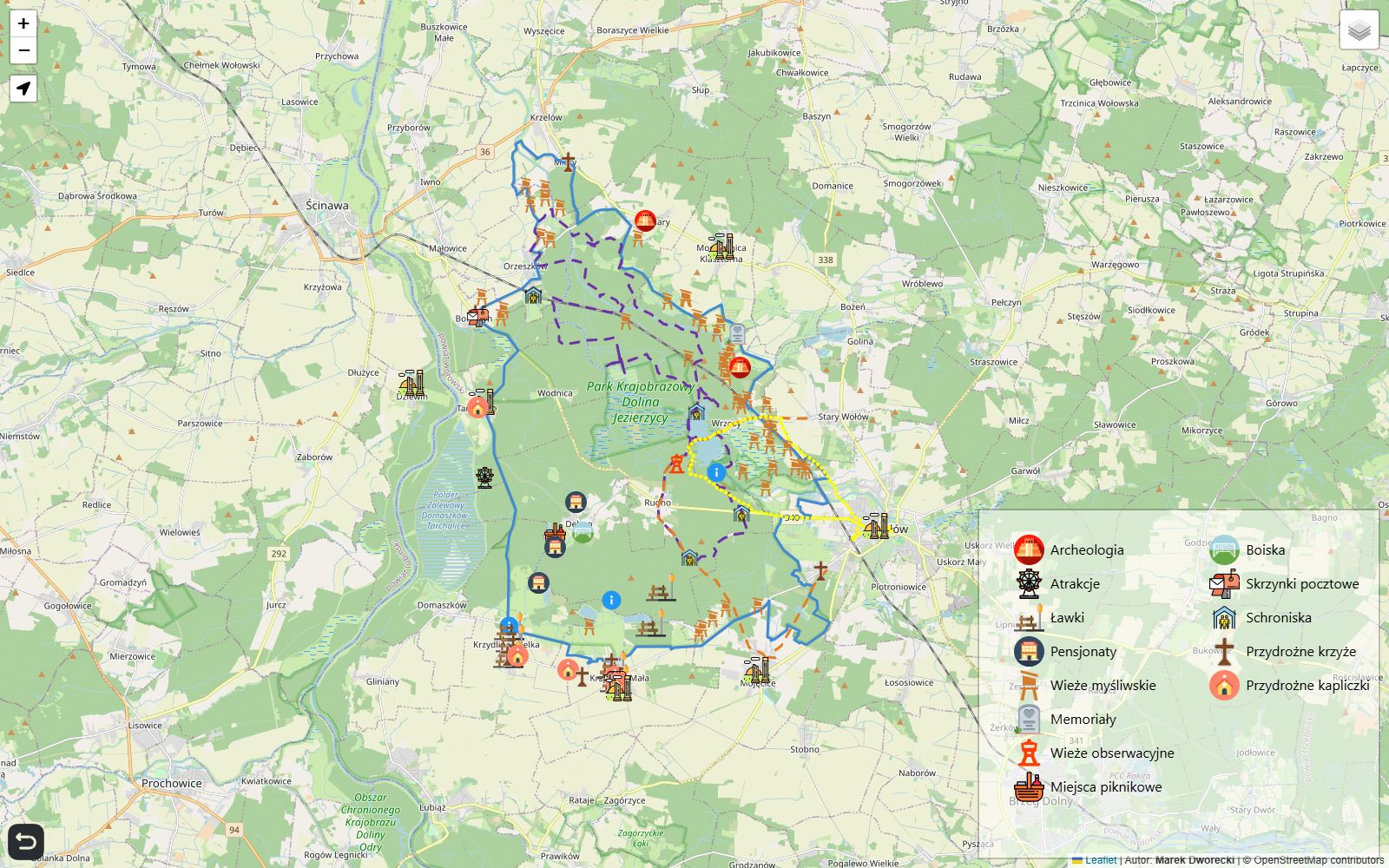 A map of the Jezierzyca Valley Landscape Park with bike and walking routes, point icons and a legend.