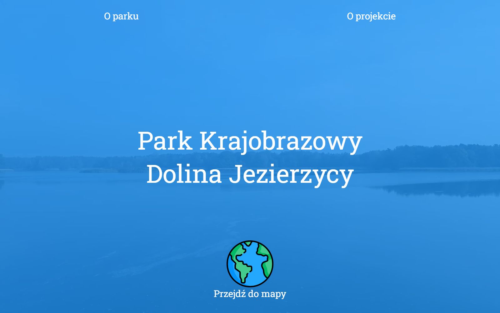 The start screen with the title Park Krajobrazowy Dolina Jezierzycy over a lake and a button leading to the map.